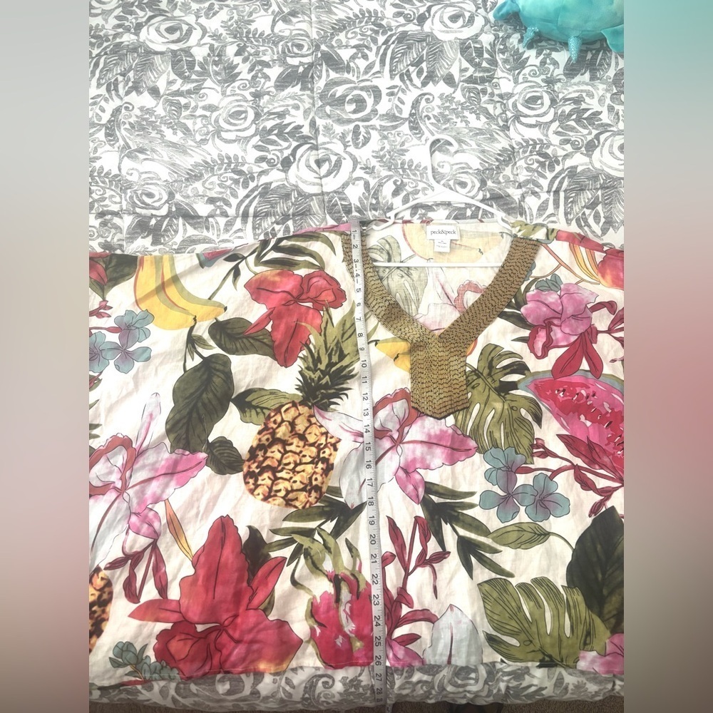 Tropical Blouse Women’s XL Linen Bloomcore Bat Sleeves Pineapple Palms Beaded - Picture 6 of 7